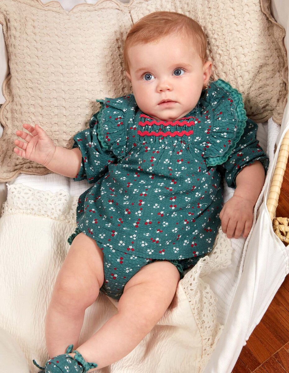 Vestido Estampado Con Smock - Verde 