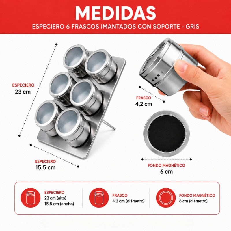 Especiero 6 frascos imantados con soporte GRIS