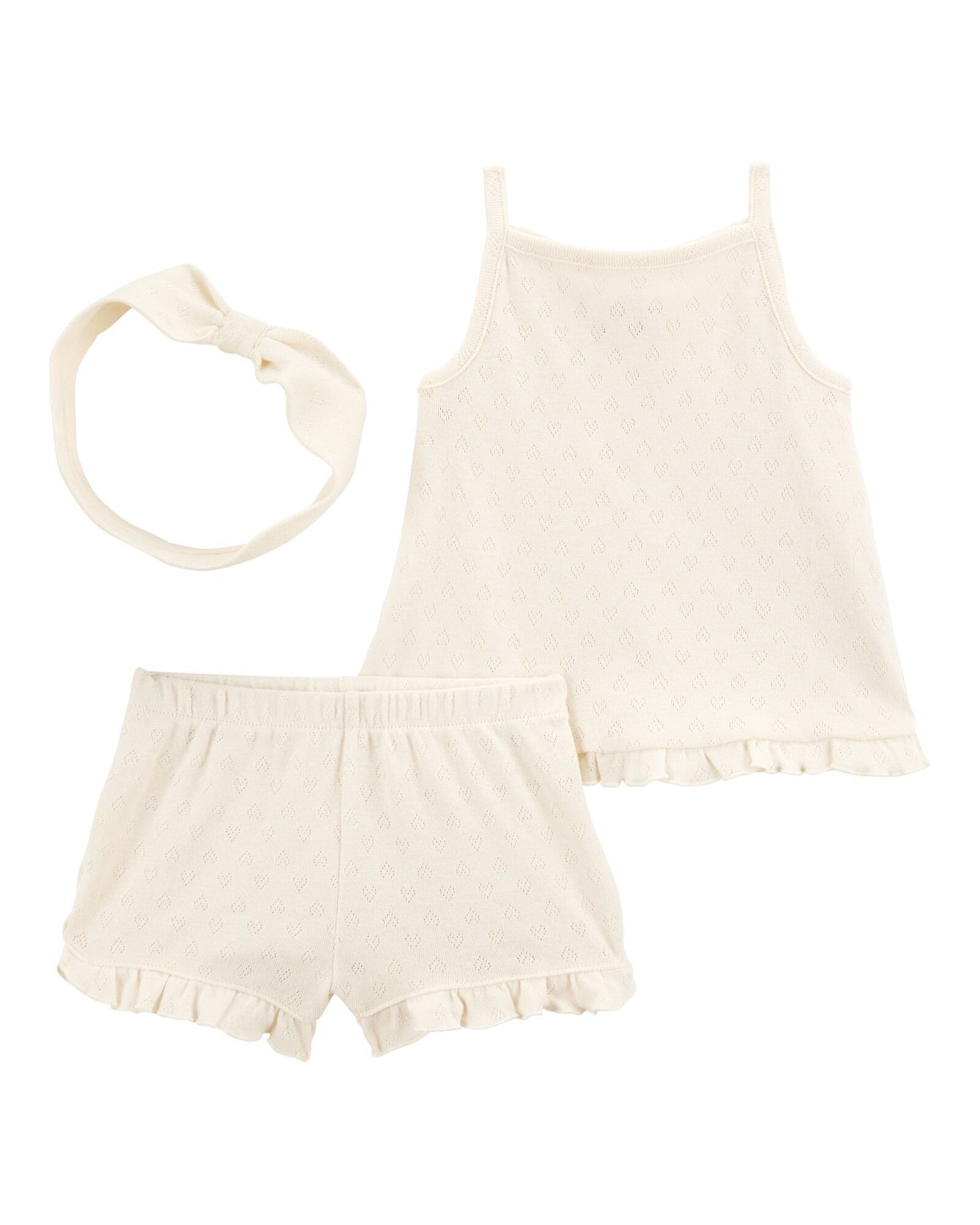 Set tres piezas de algodón calado, short, musculosa y vincha Sin color