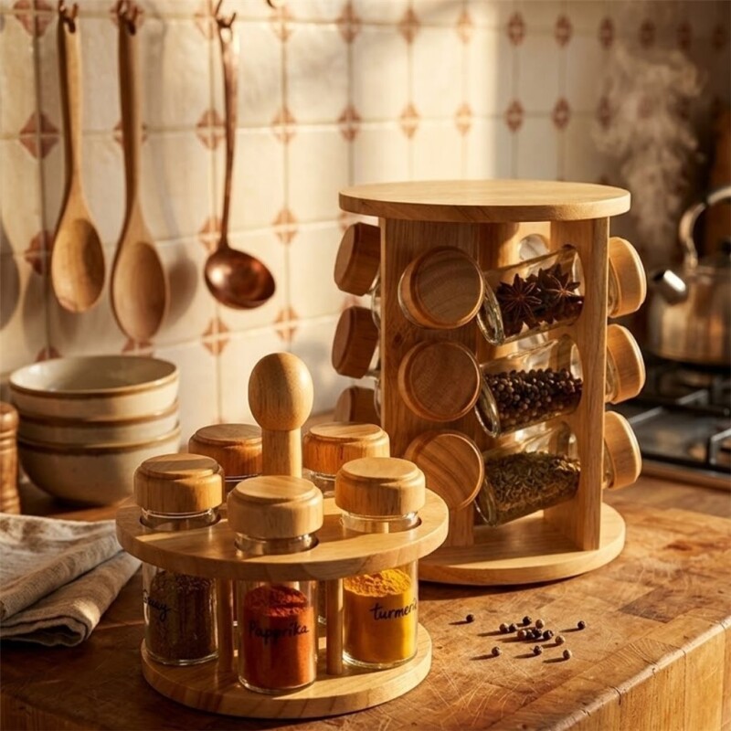 Set de 12 Especieros con Soporte de Madera 23,5 x D20 cm SET 12PCS ESPECIEROS H23.5/D20CM SOPORTE MADERA