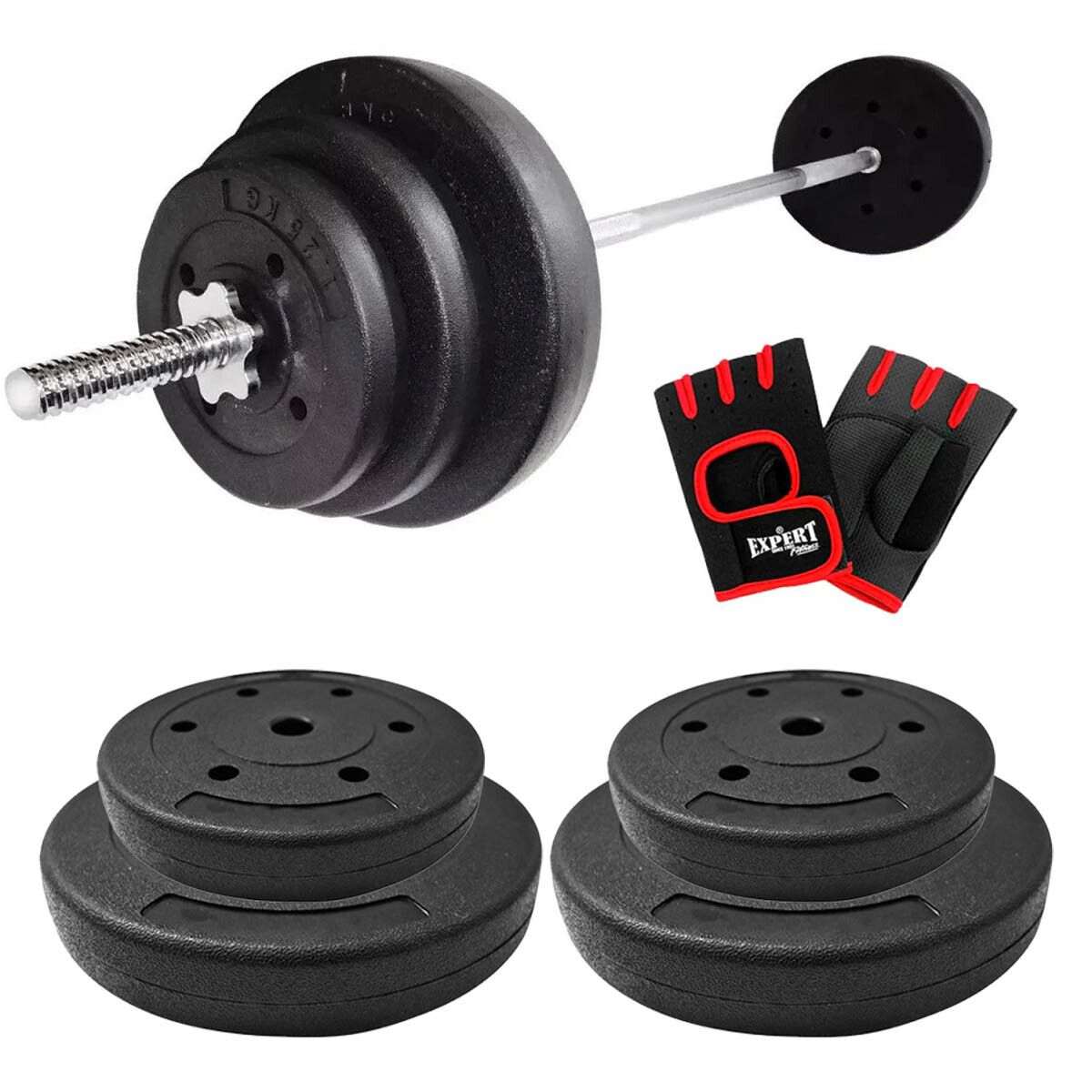 Set Barra Maciza 1.50m +30kg Discos Pesas Gimnasio - 2x10KG + 2x5KG 