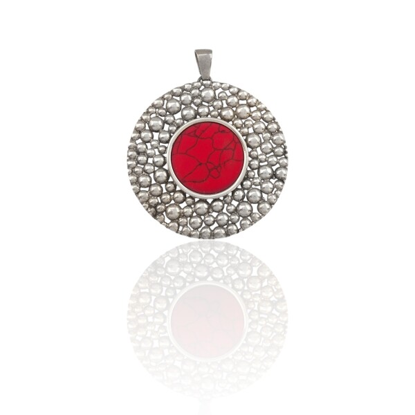 Dije Colgante Circulo-Plata 925-Piedra Coral rojo-CP4566 Conpiedra
