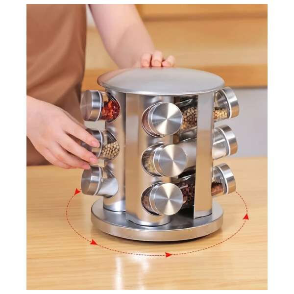 Especiero Redondo Giratorio 16 Frascos De Vidrio Acero Inox Especiero Redondo Giratorio 16 Frascos De Vidrio Acero Inox