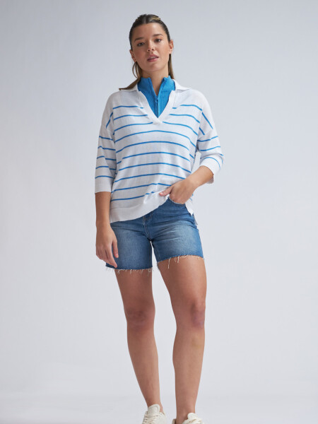 Sweater tejido cuello polo Blanco Con Turquesa