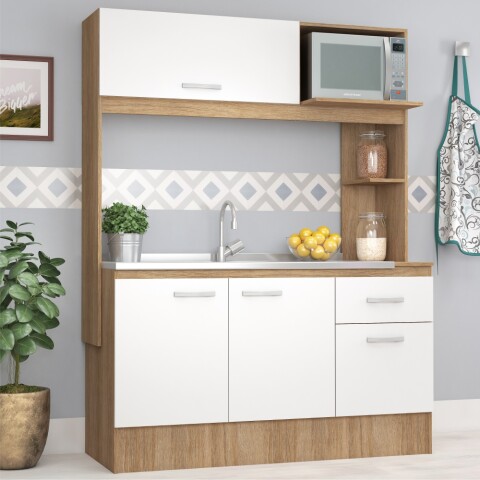 Kit de cocina compacta 4 puertas 1 cajón Patas Ajustables 141 x 50 x 185 cm Carvale / Blanco