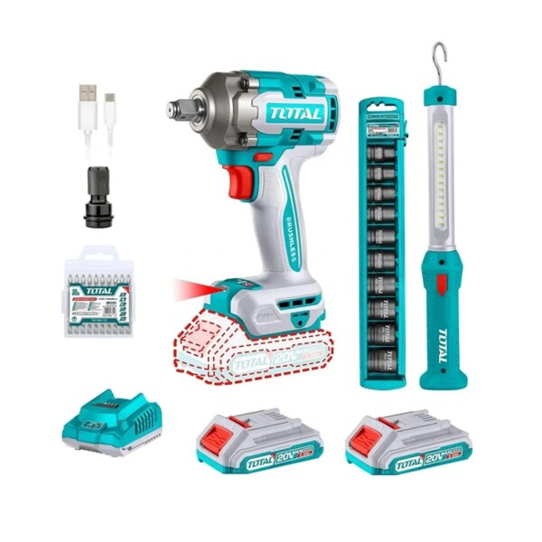 Kit Llave de Impacto Brushless Total 20V 400Nm con 2 Baterías y Accesorios Kit Llave de Impacto Brushless Total 20V 400Nm con 2 Baterías y Accesorios