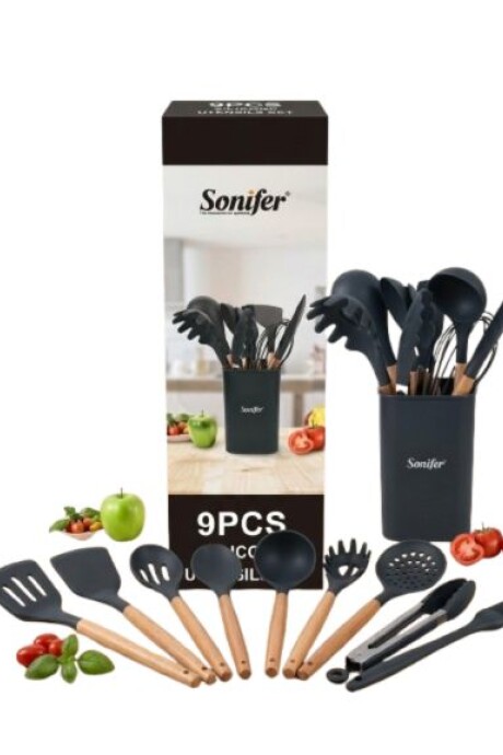 Set Utensilios Cocina Sonifer Silicona Mango Madera 9 Piezas Negro