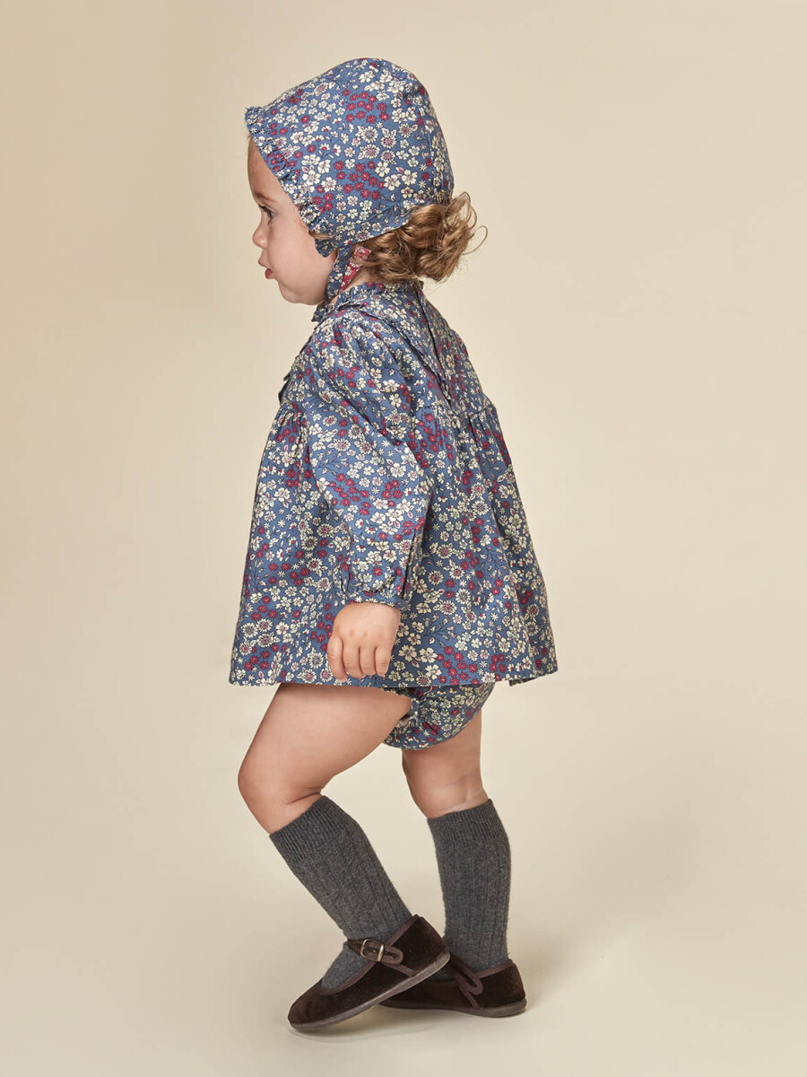 Vestido Flores Con Volante Azul Viejo
