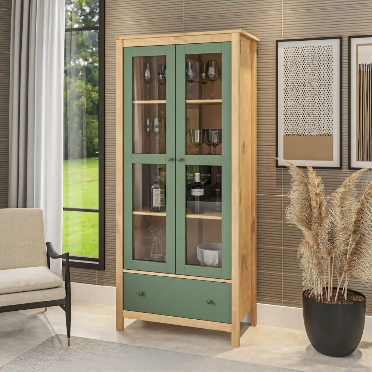 Cristalero 2 Puertas 1 Cajón Material Natural - Mari - Verde 