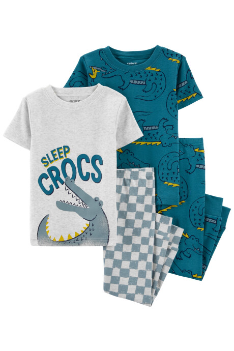 Pijama cuatro piezas de algodón dos remeras y dos pantalones, tonos gris y verde, diseño cocodrilos Sin color