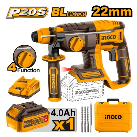 Rotomartillo 20V P20S 20MM 4 Funciones Brushless C Bat + Carg + Valija y Puntas Ingco CRHLI202081 001