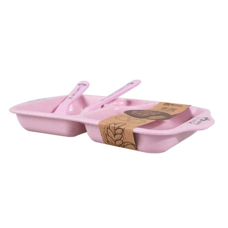 Set Comida Bebé Plato c/ Divisiones Cuchara Tenedor Plástico Rosa