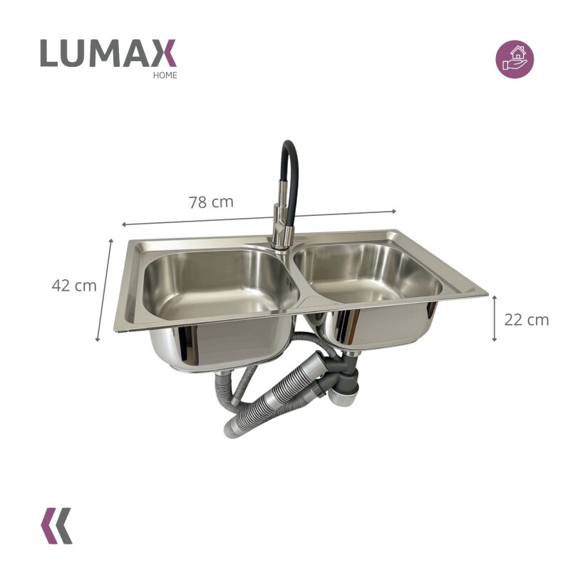 Pileta de cocina Lumax Acero Doble Bacha Monocomando 78x42 cm Negro