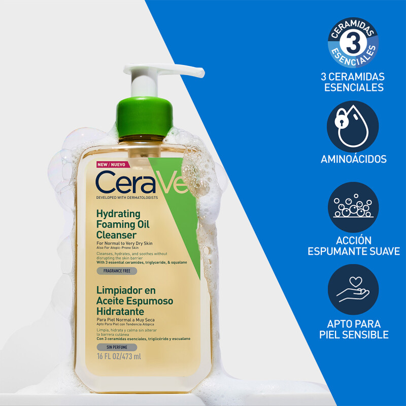 LIMPIADOR ESPUMOSO ACEITE CERAVE 473 ML - Limpieza e Hidratación para Piel Seca y Sensible LIMPIADOR ESPUMOSO ACEITE CERAVE 473 ML - Limpieza e Hidratación para Piel Seca y Sensible
