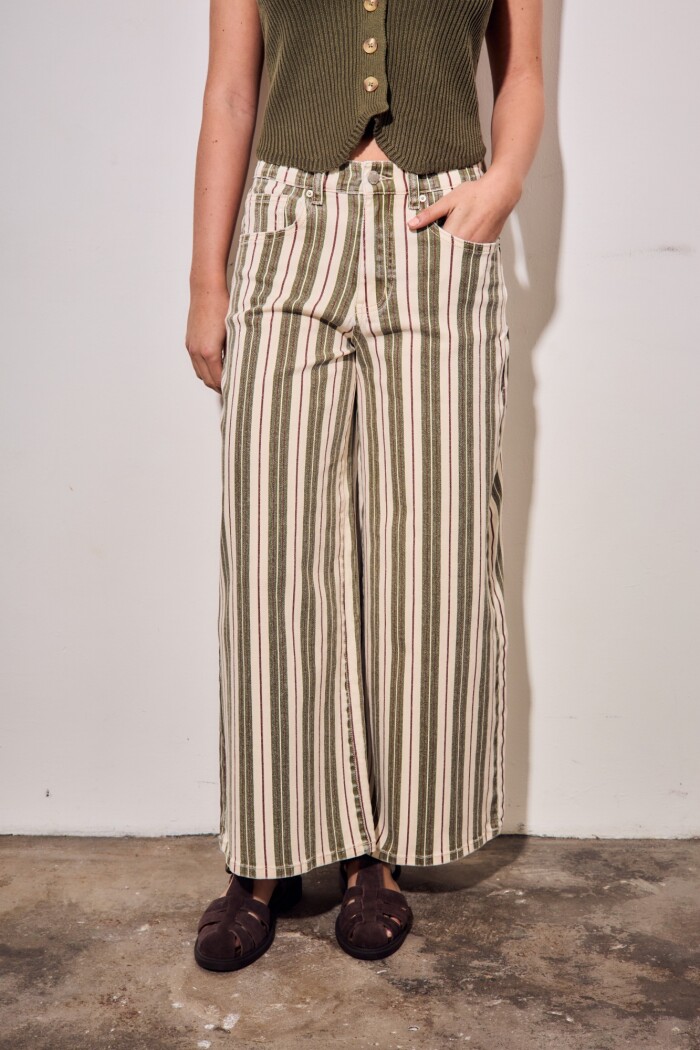 Jean Wide Leg Rayado Oliva Y Crema