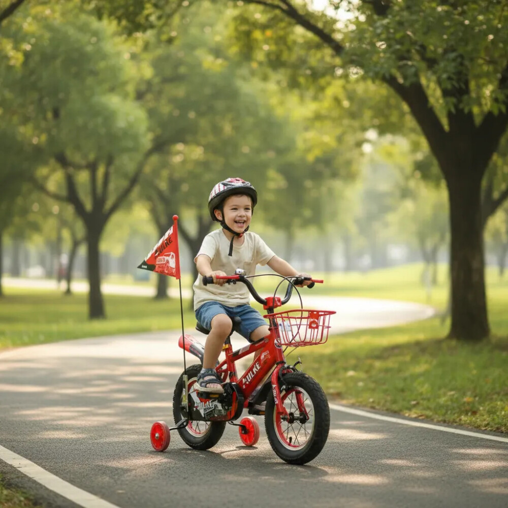 Bicicleta rodado 16 con rueditas, canasto, casco y banderita Rojo