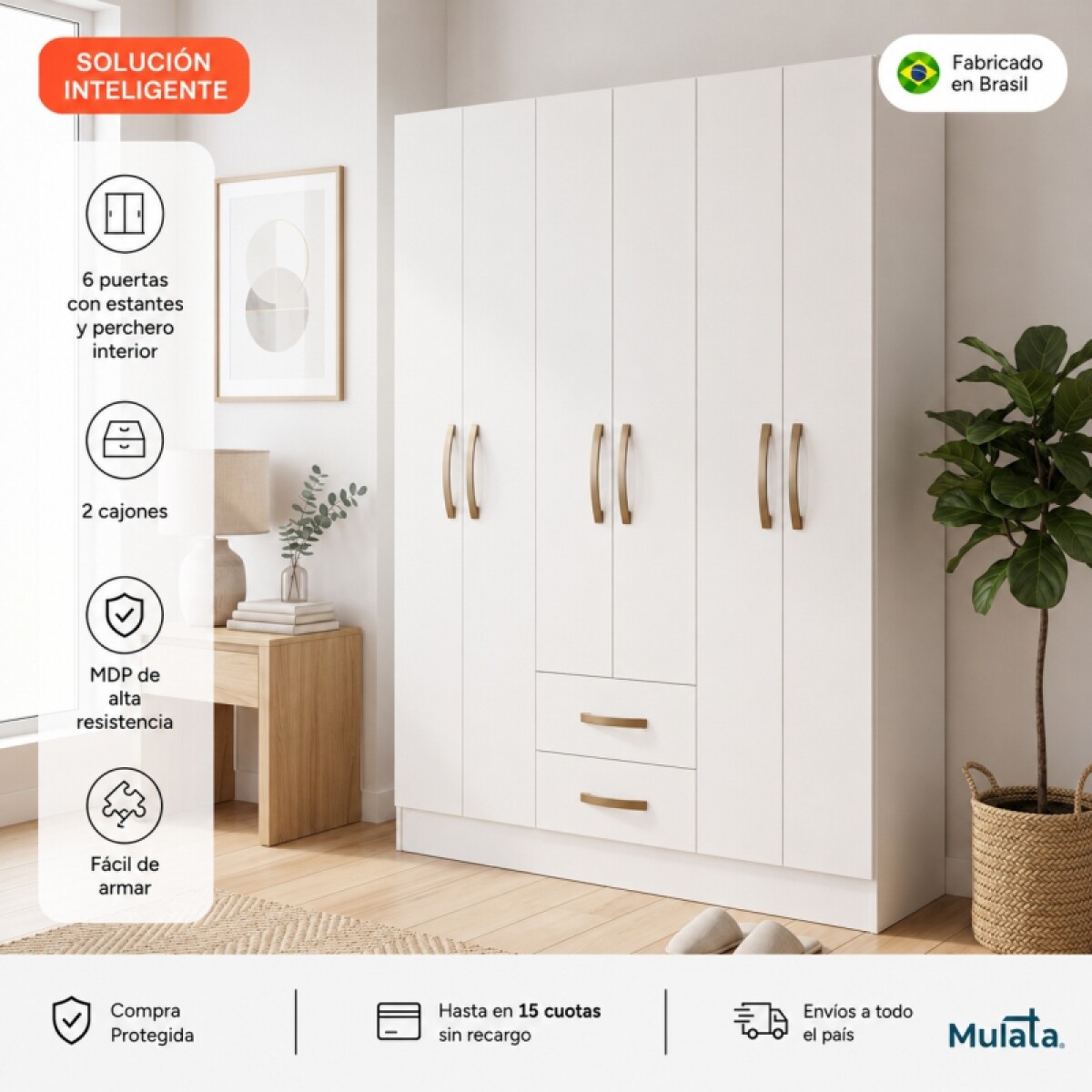 Ropero Placard 6 Puertas 2 Cajones Moderno Ancho 134 cm - Blanco 