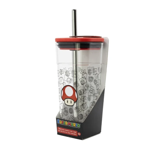 Vaso Acrílico Cuadrado Mario Bros con Pajita Acero 540 ml U