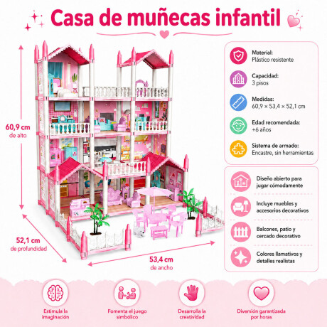 Casa De Muñecas 3 Pisos Varios Espacios Muebles Y Accesorios Rosa