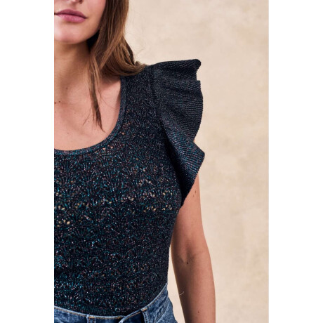 Top Metalizado Manga Volados Negro