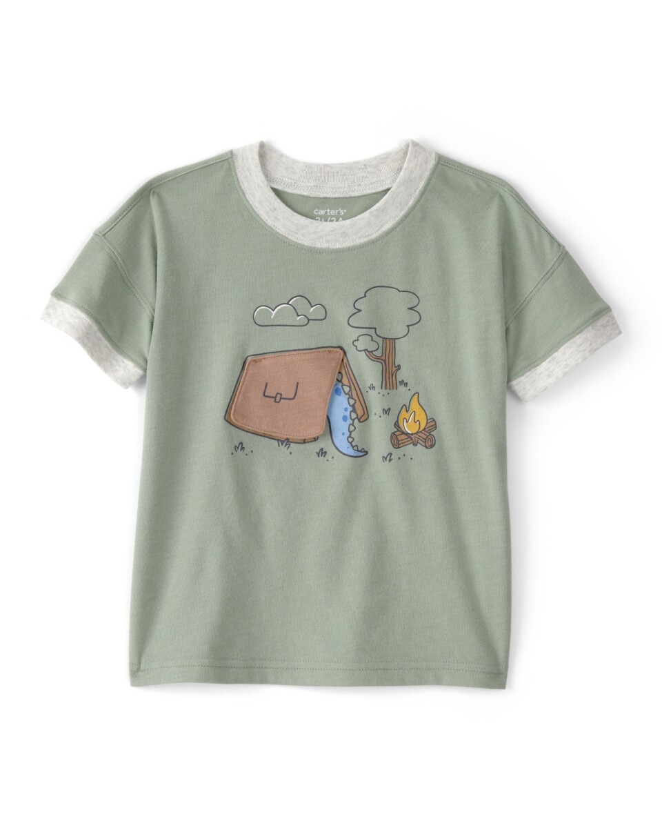 Remera de algodón, manga corta, verde, estampa dino y camping 