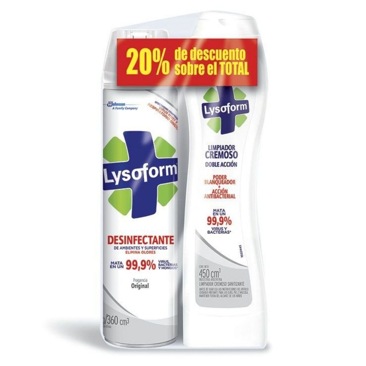 Pack Desinfectante Lysoform Aerosol Original 360 cm3 + Limpiador Crema Lysoform Antibacterial 450 cm3 