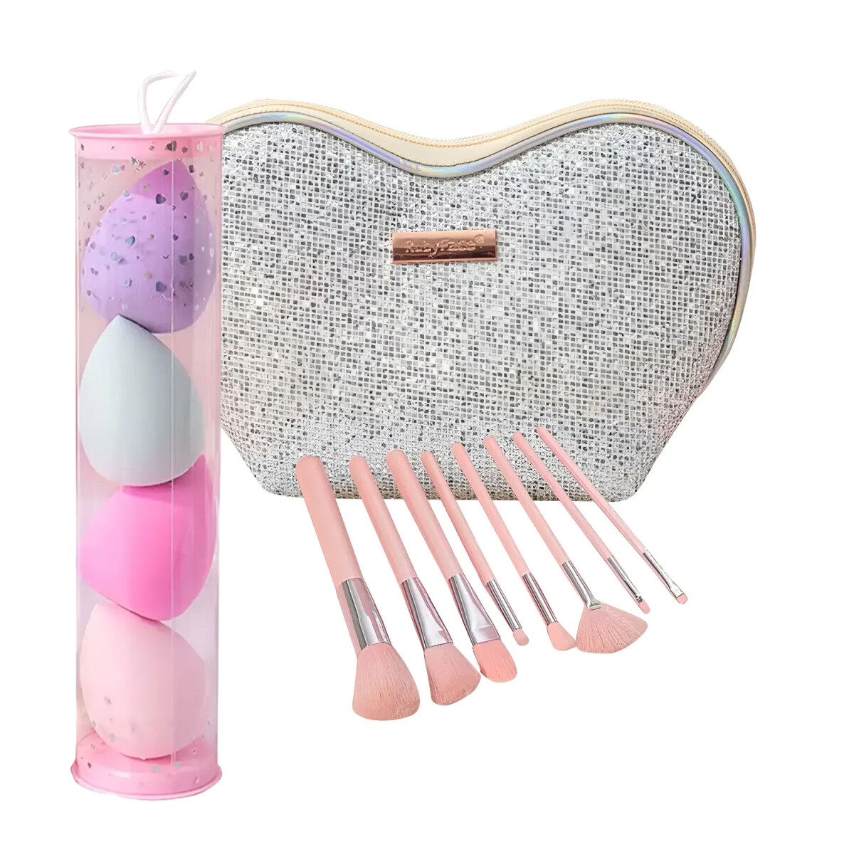 Set Maquillaje 8 Brochas y Pinceles con Estuche + Esponjas - Plateado 