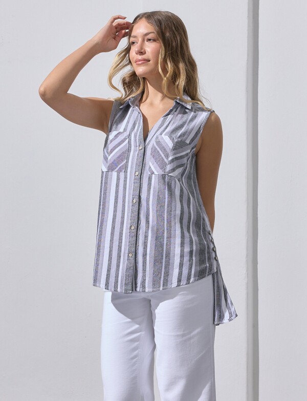 Camisa S/m Lino Det GRIS/MULTI