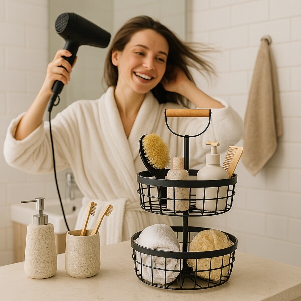 Canasto Organizador 2 Niveles Pisos Cesto Cocina baño Deco con manija madera IMBACK Canasto Organizador 2 Niveles Pisos Cesto Cocina baño Deco con manija madera IMBACK
