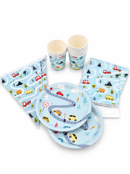 PARTY SET AUTOS COMPLETO 38PCS CELESTE