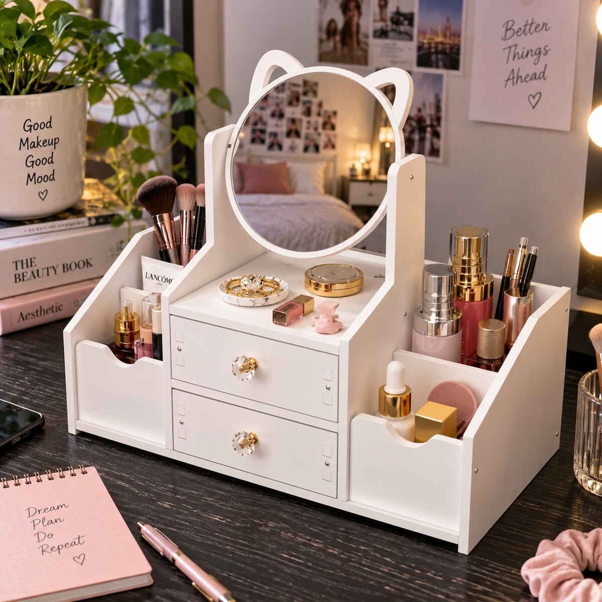 Organizador De Maquillaje Tocador Con Espejo y Cajones IMBACK Color Blanco 
