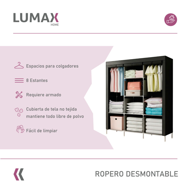 Ropero de 8 Estantes Desmontable de Caño y Tela TNT 175x45x130 Negro