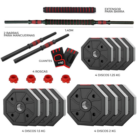 Set Mancuernas Expert Fitness + Barra + Guante 20kg Rojo