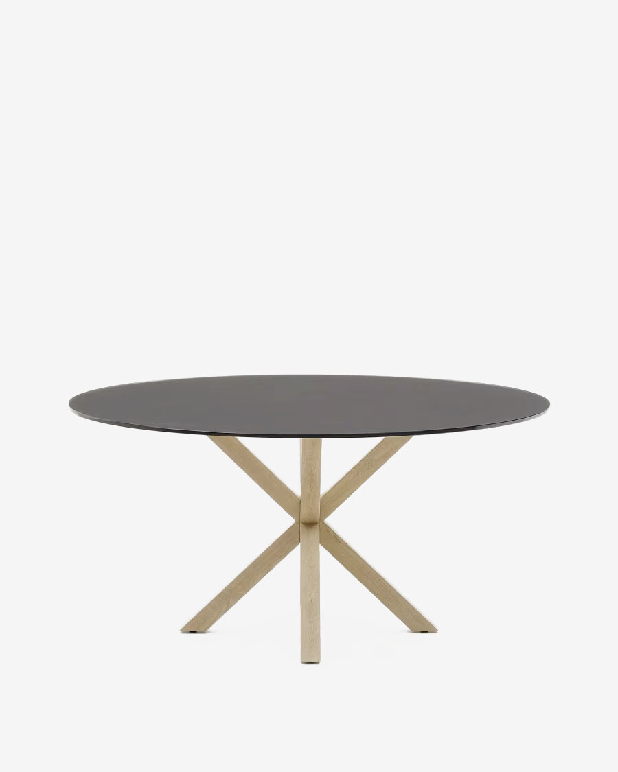 Mesa redonda Argo de cristal negro mate y patas de acero efecto madera Ø 150 cm Mesa redonda Argo de cristal negro mate y patas de acero efecto madera Ø 150 cm