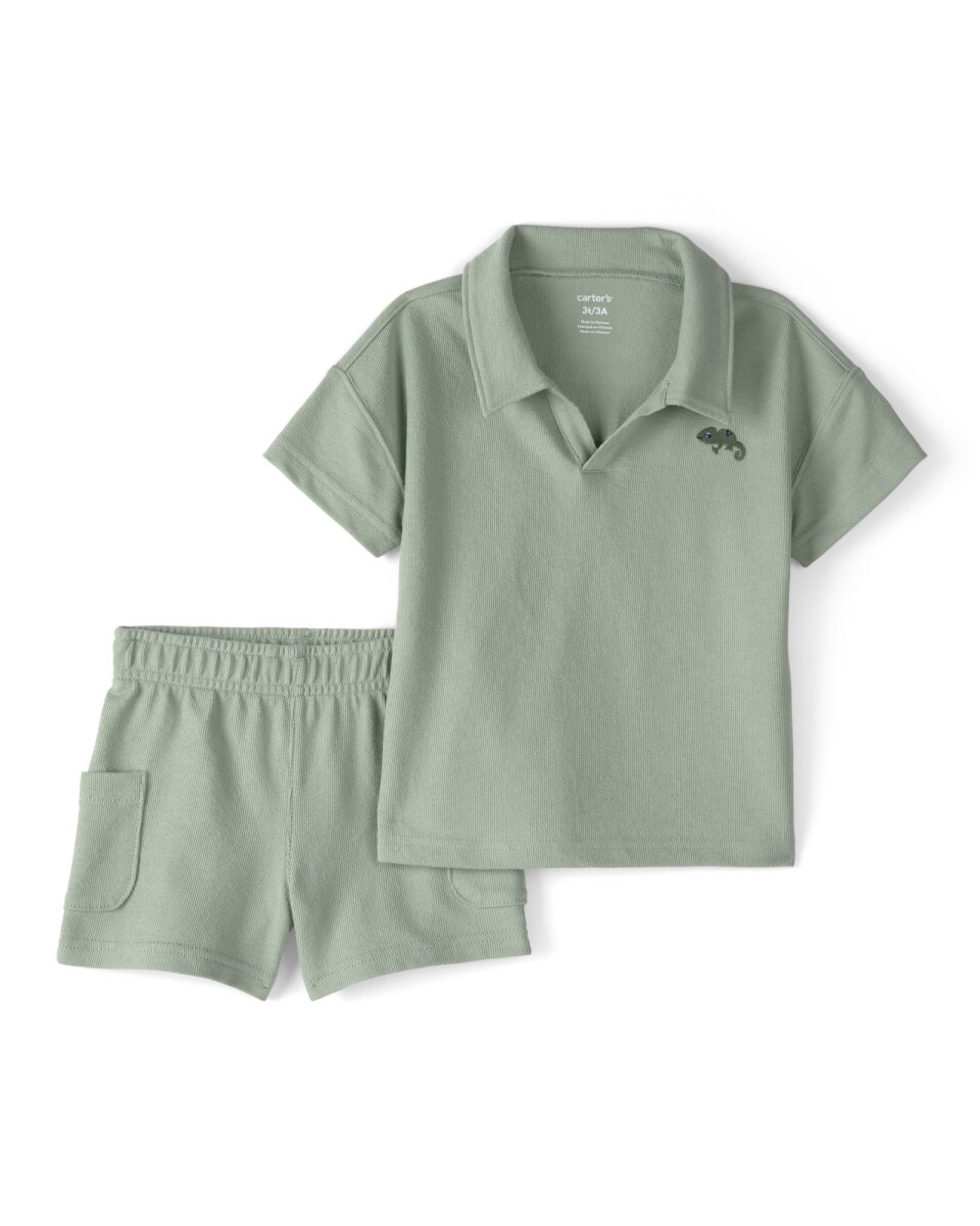 Set dos piezas de algodón, short y remera, verde, iguana bordada. Talles 2-5T 