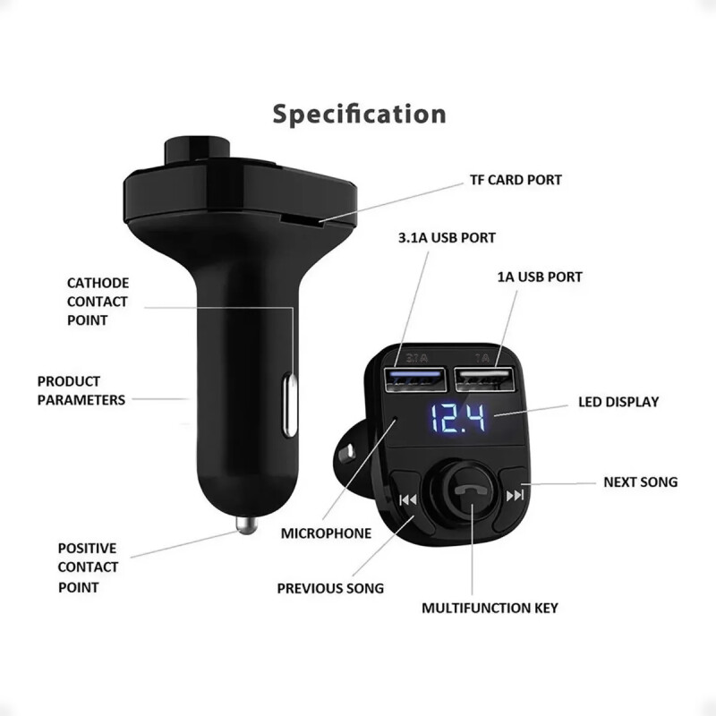 Transmisor FM Bluetooth Para Auto con 2 Puertos USB y Lector de Memoria microSd Transmisor FM Bluetooth Para Auto con 2 Puertos USB y Lector de Memoria microSd
