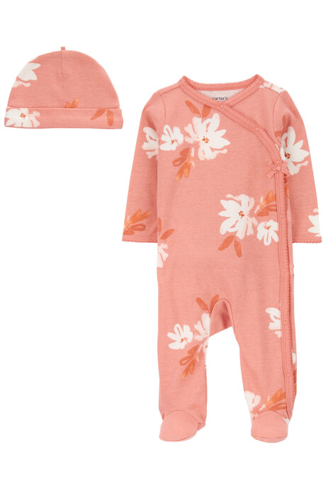 Pijama una pieza de algodón, tipo batita, con pie y gorro, diseño floral Sin color