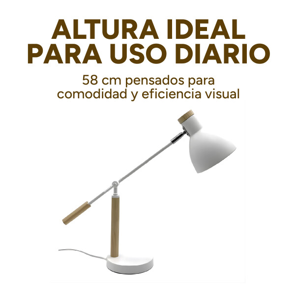 Lampara De Mesa Escritorio Estilo Nórdico Madera Metal 58Cm Color Blanco