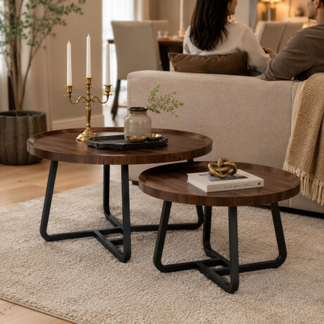 Set 2 Mesas Ratonas Redondas Hierro Living Moderno Marrón