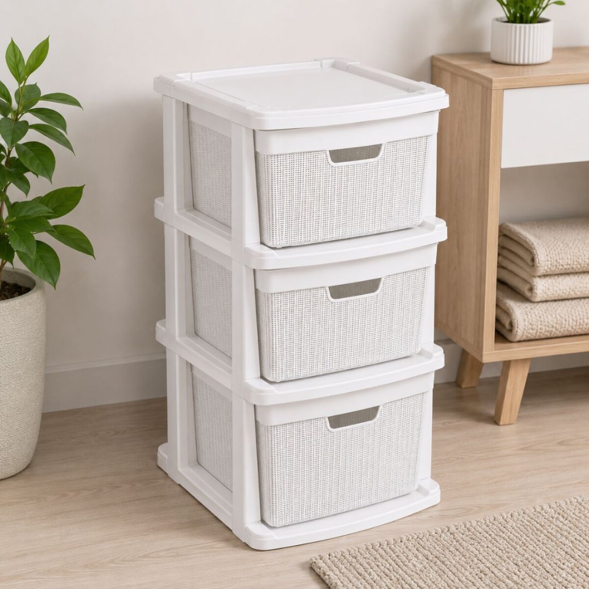 Cajonera Gavetero Estante simil Rattan 3 Cajones Blanco 