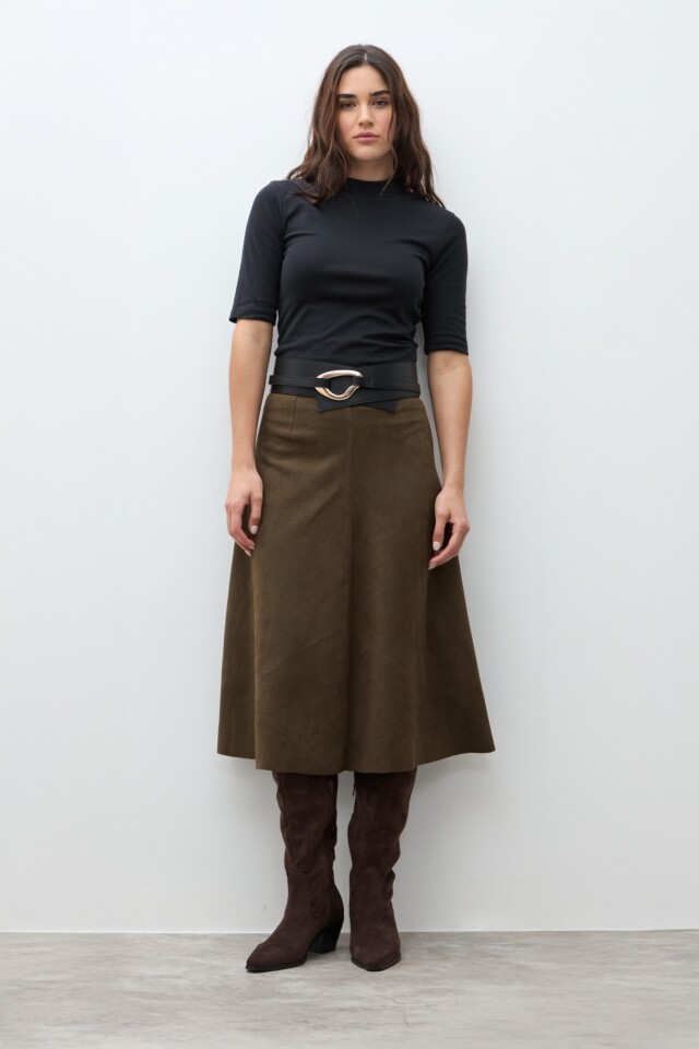 Falda midi simil gamuza verde oliva
