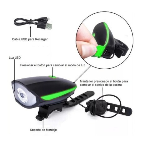 Luz y Bocina Recargable Para Bicicletas Verde