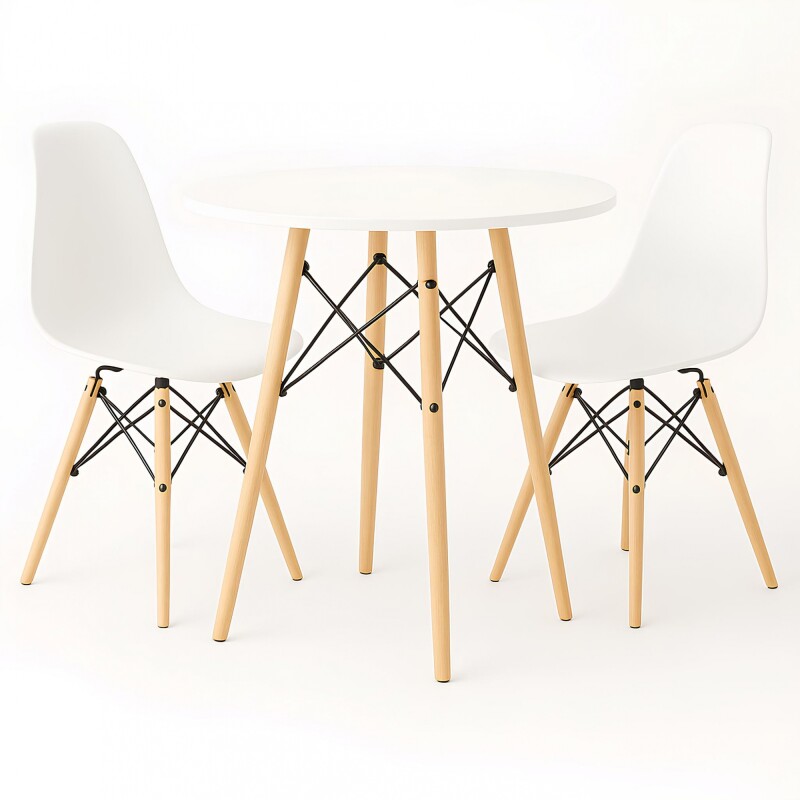 Juego de comedor Con Mesa Circular de 80cm + 2 Sillas Eames Blanco
