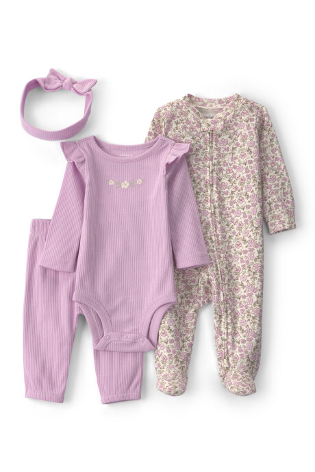 Set cuatro piezas de algodón, pijama, pantalón, body y vincha, lila, diseño floral Set cuatro piezas de algodón, pijama, pantalón, body y vincha, lila, diseño floral
