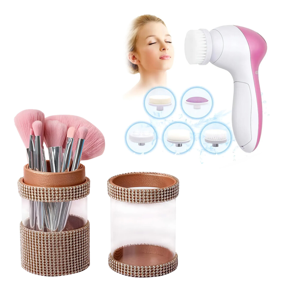 Set Spa Facial En Casa 5en1 + 7 Brochas Maquillaje c/Estuche - Rosa 