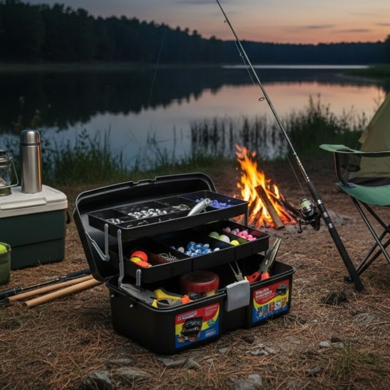Caja Pesca Herramientas con Bandejas Y Divisiones Señuelos NEGRO