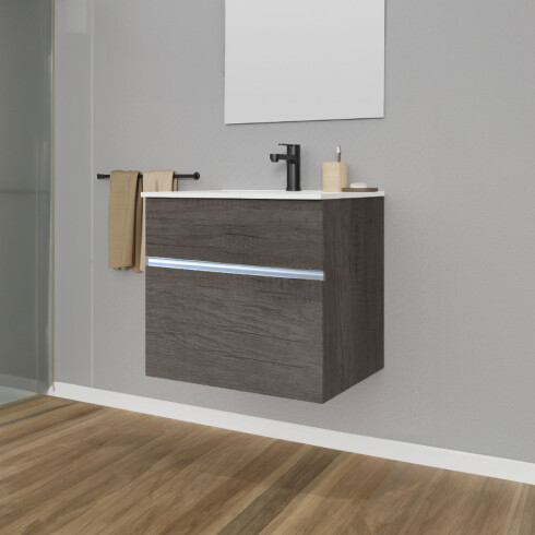 Mueble De Baño De Madera Color Roble 59X45X47.5Cm Con Bacha Ceramica 1 Agujero Para Griferia Monocomando 000