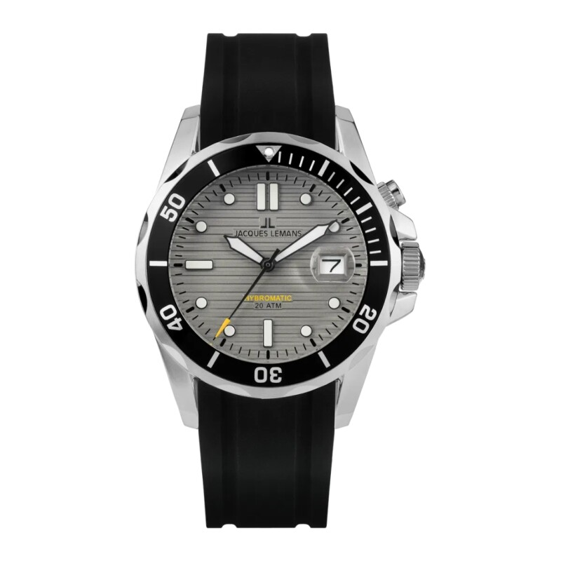 Reloj Jacques Lemans 1-2170B Hybromatic para hombre en acero y correa de caucho negra Negro