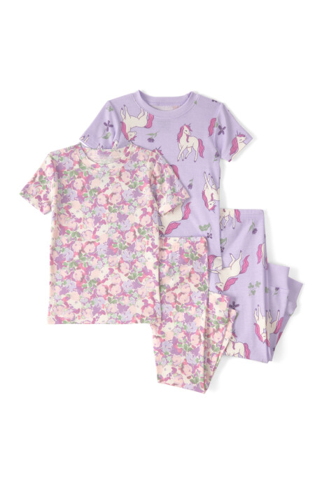 Pijama cuatro piezas de algodón, diseño unicornios y flores. Talles 2-5T Pijama cuatro piezas de algodón, diseño unicornios y flores. Talles 2-5T