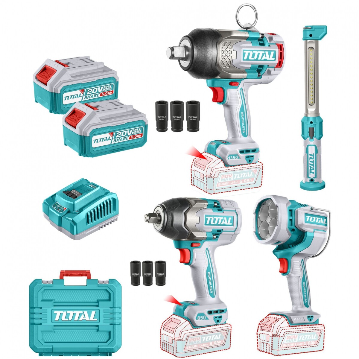 Kit Inalámbrico: 2 Llaves De Impacto 20v 1/2" Y 3/4" + Foco 20v + Linterna, 2 Baterías 5.0Ah 